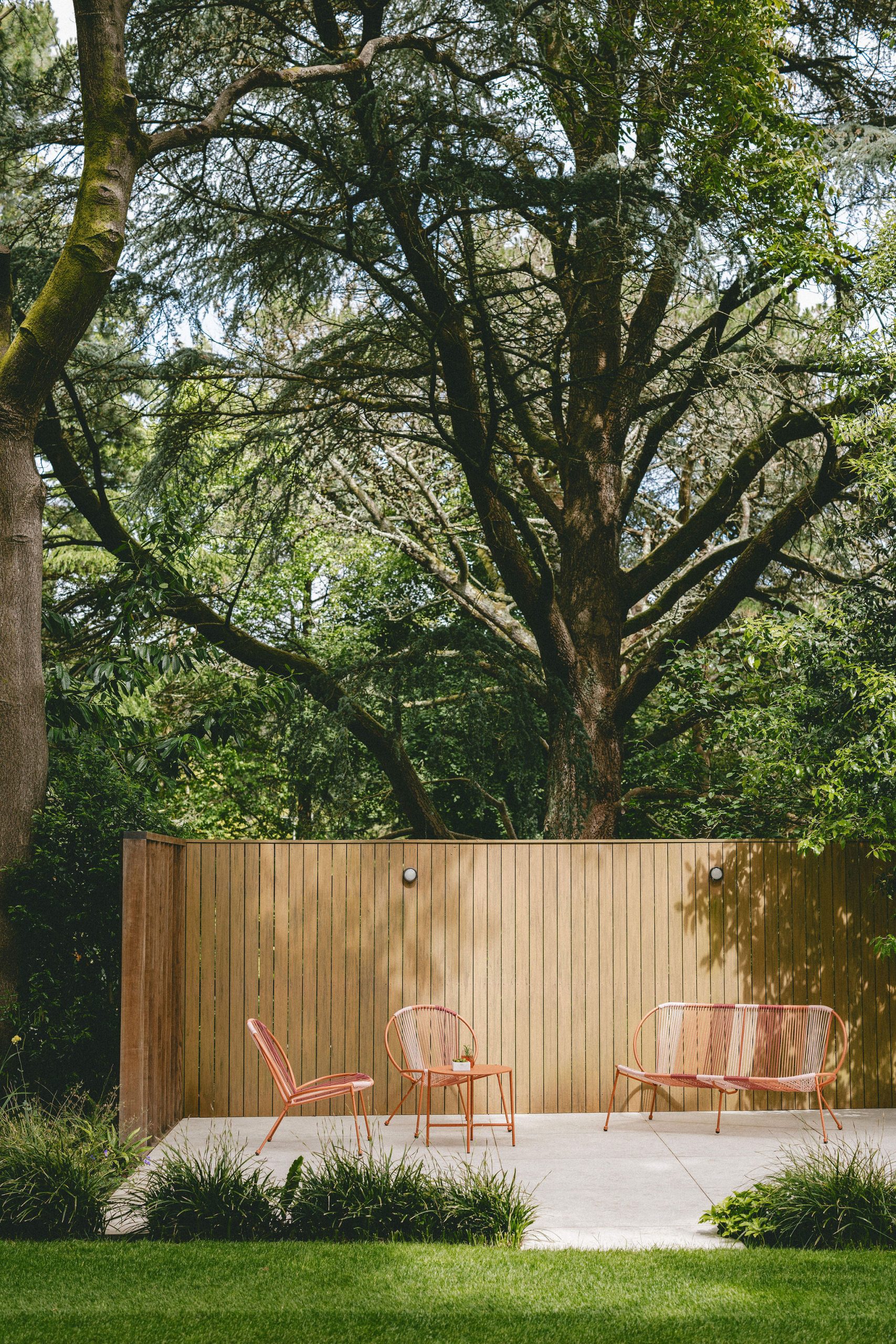 Three orange garden chairs and a matching bench sit on a concrete patio in front of a wooden fence, surrounded by green plants and tall trees.